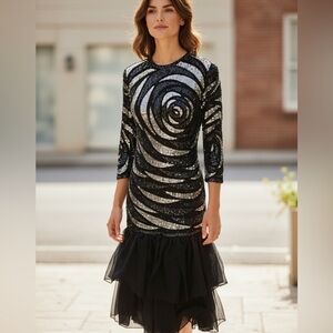 Glitter Fashions Inc * 100% Silk Beaded Sequin Gown 80s 90s Rose Pattern Small